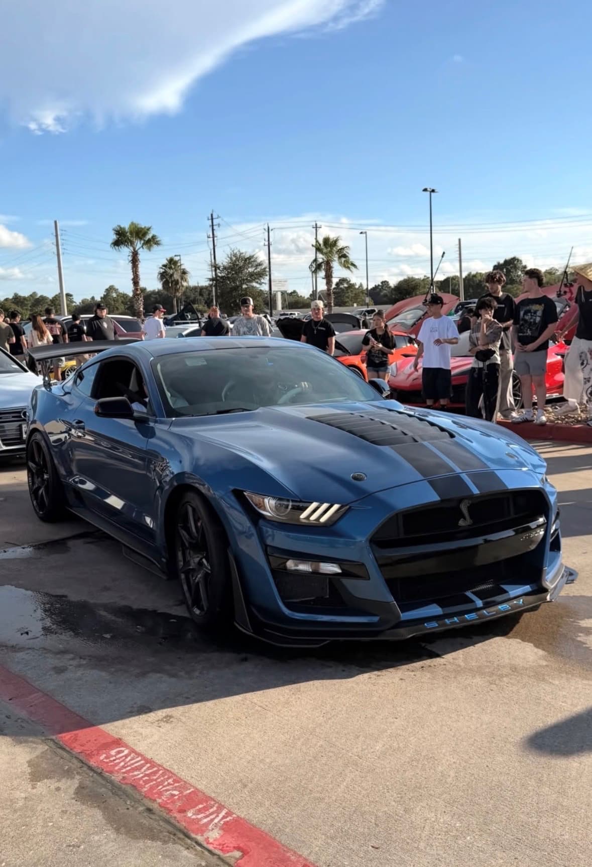 Blue Shelby GT500 Mustang with racing stripes at a BL4NK meet