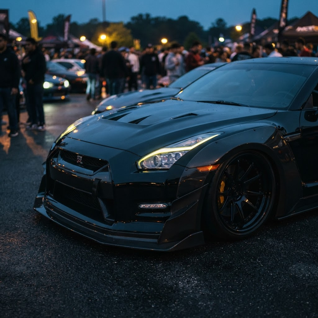 Modified sports car on display at a BL4NK meet