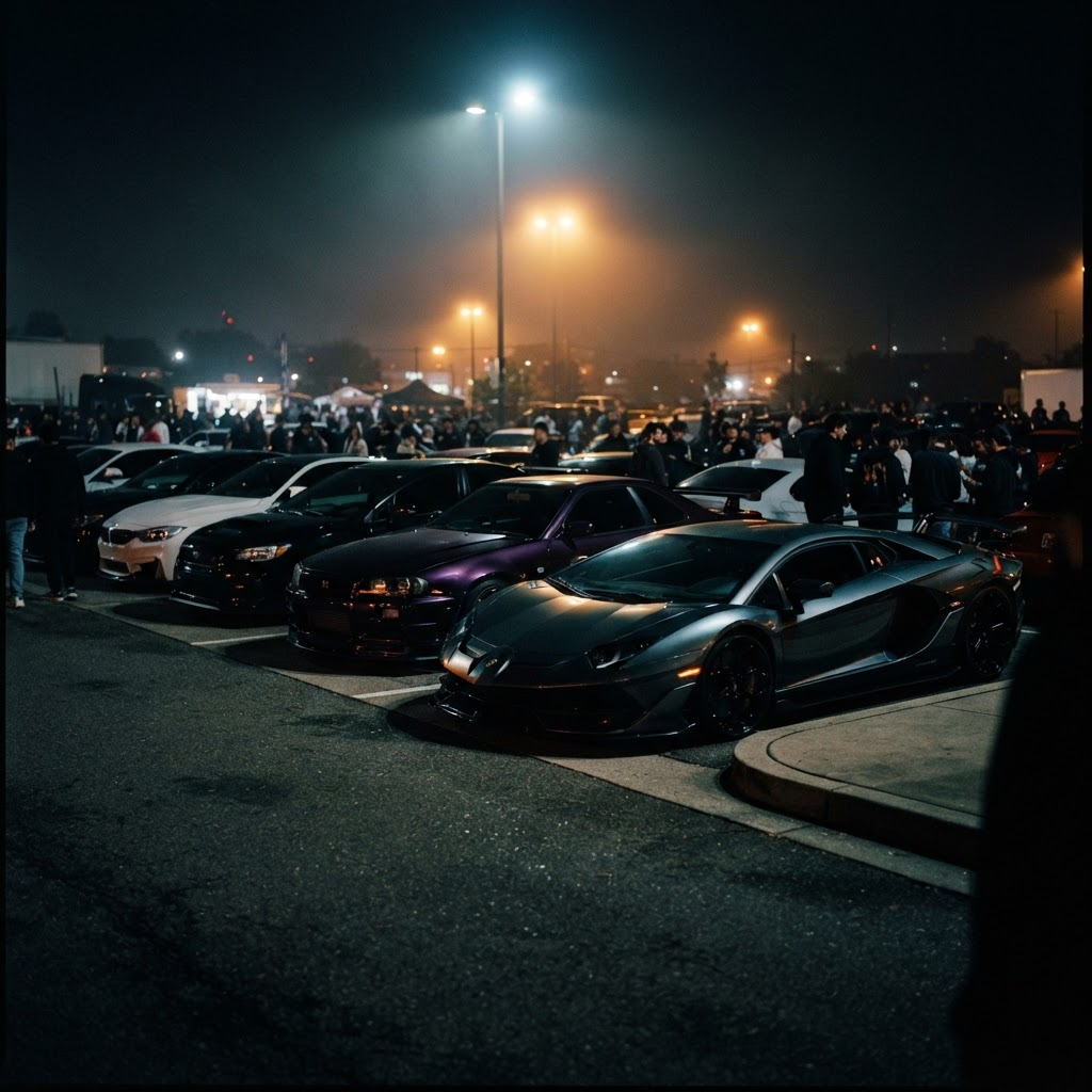 Performance cars gathered at a BL4NK automotive meet at dusk